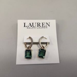 NWT Ralph Lauren Gold-Tone Green Color Stone Charm Pavé Huggie Hoop Earrings